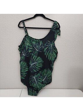 Avenue Swimsuit Womens Plus-Size 26W One-Shoulder Palm Leaf Print Green New